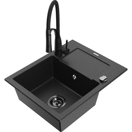 Mexen Enzo 1-bowl granite kitchen sink with drainer and Aster kitchen faucet, black/silver metallic - 6506-73-73450-70-B