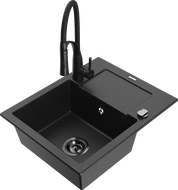 Mexen Enzo 1-bowl granite kitchen sink with drainer and Aster kitchen faucet, black/silver metallic - 6506-73-73450-70-B