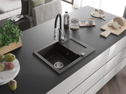 Mexen Enzo granite kitchen sink 1-bowl with drainer and Aster kitchen faucet, black/gold metallic - 6506-75-73450-07