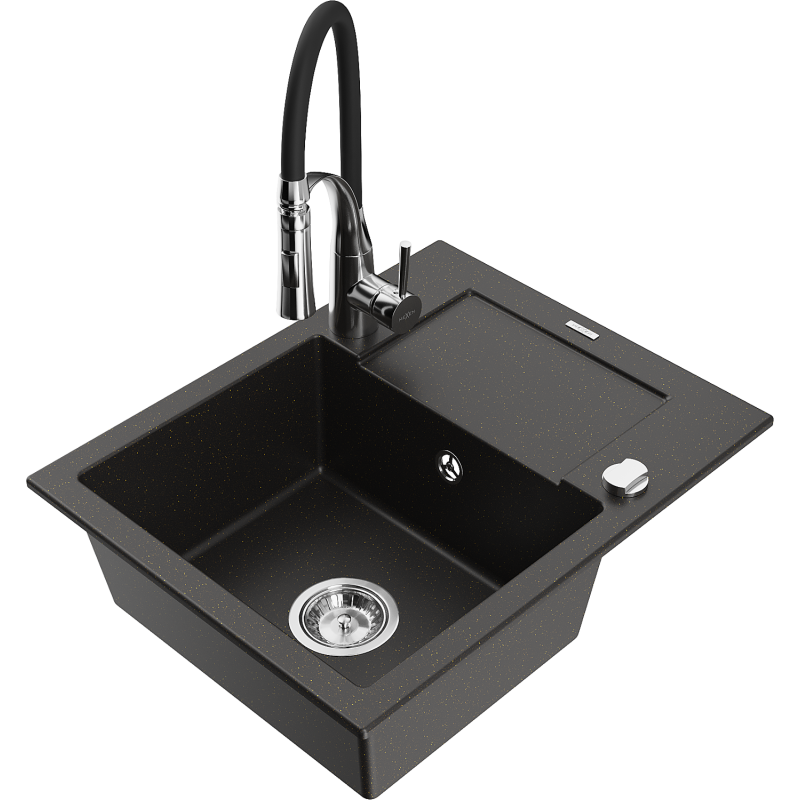 Mexen Enzo 1-Bowl Granite Kitchen Sink with Drainer and Aster Kitchen Tap, Black/Gold Metallic - 6506-75-73450-07