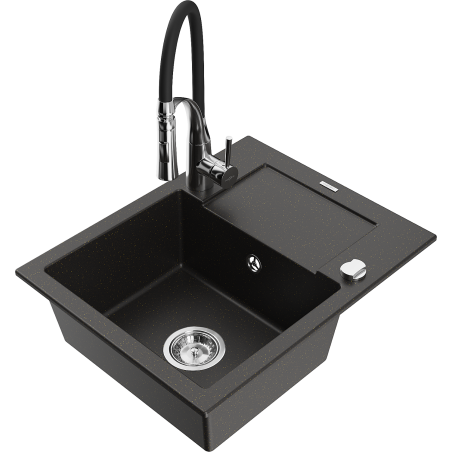 Mexen Enzo 1-Bowl Granite Kitchen Sink with Drainer and Aster Kitchen Tap, Black/Gold Metallic - 6506-75-73450-07