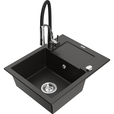 Mexen Enzo granite kitchen sink 1-bowl with drainer and Aster kitchen faucet, black/gold metallic - 6506-75-73450-07