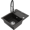Mexen Enzo granite kitchen sink 1-bowl with drainer and Aster kitchen faucet, black/gold metallic - 6506-75-73450-07