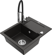 Mexen Enzo granite kitchen sink 1-bowl with drainer and Aster kitchen faucet, black/gold metallic - 6506-75-73450-07