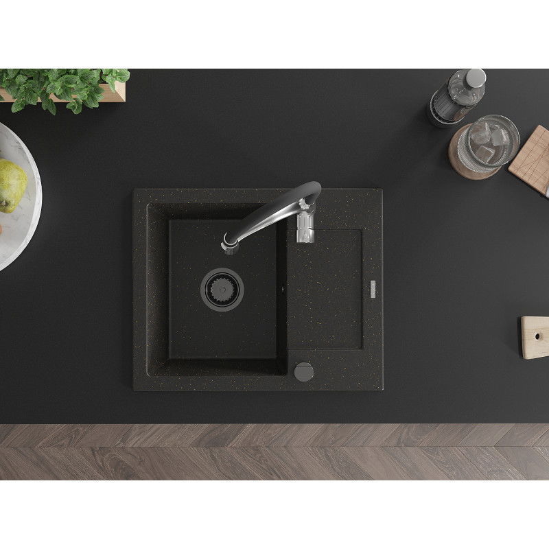 Mexen Enzo granite sink 1-bowl with drainer and Aster kitchen tap, black/gold metallic - 6506-75-73450-07-B