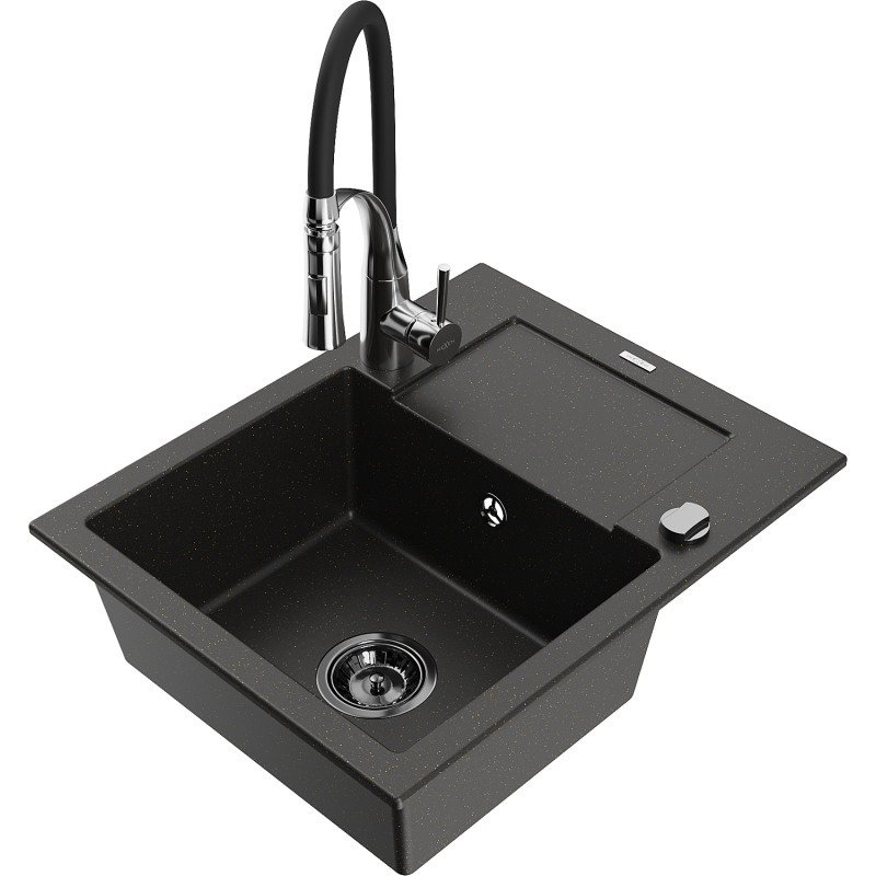 Mexen Enzo 1-compartment granite sink with a drip tray and kitchen mixer tap Aster, Black/Gold metallic - 6506-75-73450-07-B