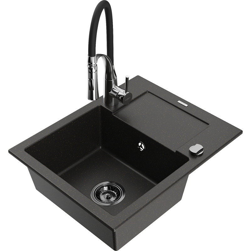 Mexen Enzo granite kitchen sink 1-bowl with drainer and kitchen faucet Aster, black/gold metallic - 6506-75-73450-07-B