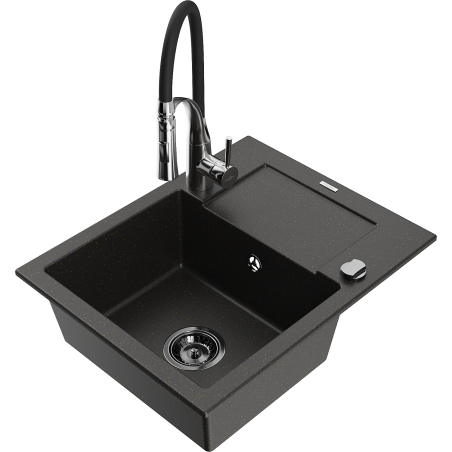 Mexen Enzo 1-compartment granite sink with a drip tray and kitchen mixer tap Aster, Black/Gold metallic - 6506-75-73450-07-B