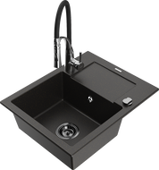 Mexen Enzo granite kitchen sink 1-bowl with drainer and kitchen faucet Aster, black/gold metallic - 6506-75-73450-07-B