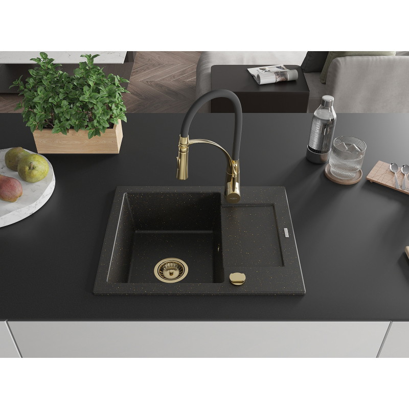 Mexen Enzo Granite Kitchen Sink 1-Bowl with Drainer and Aster Kitchen Faucet, Black/Gold Metallic - 6506-75-73450-57-G
