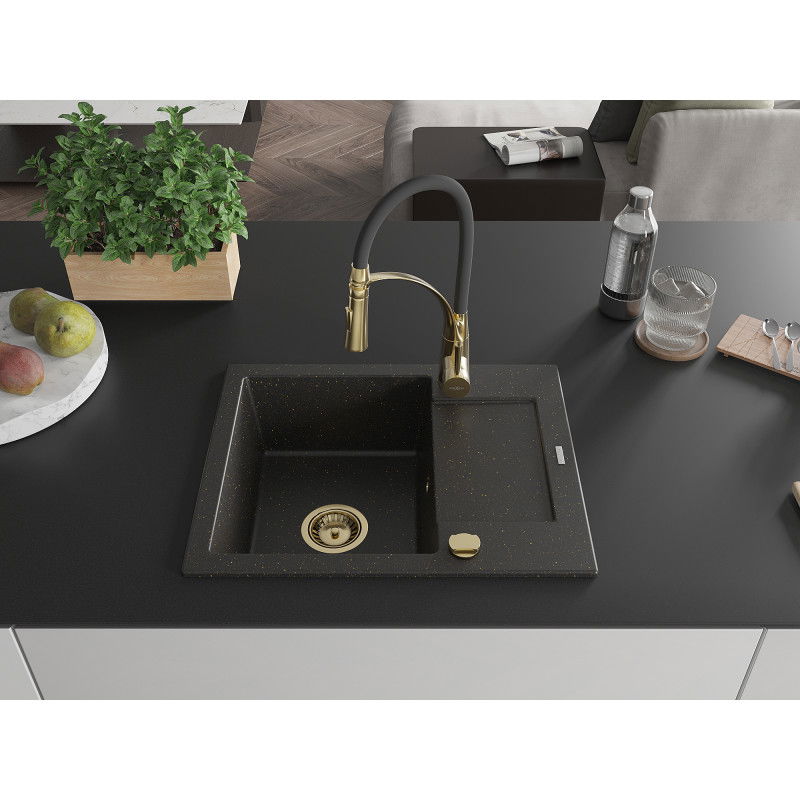 Mexen Enzo granite sink 1-bowl with drainer and Aster kitchen tap, black/gold metallic - 6506-75-73450-57-G