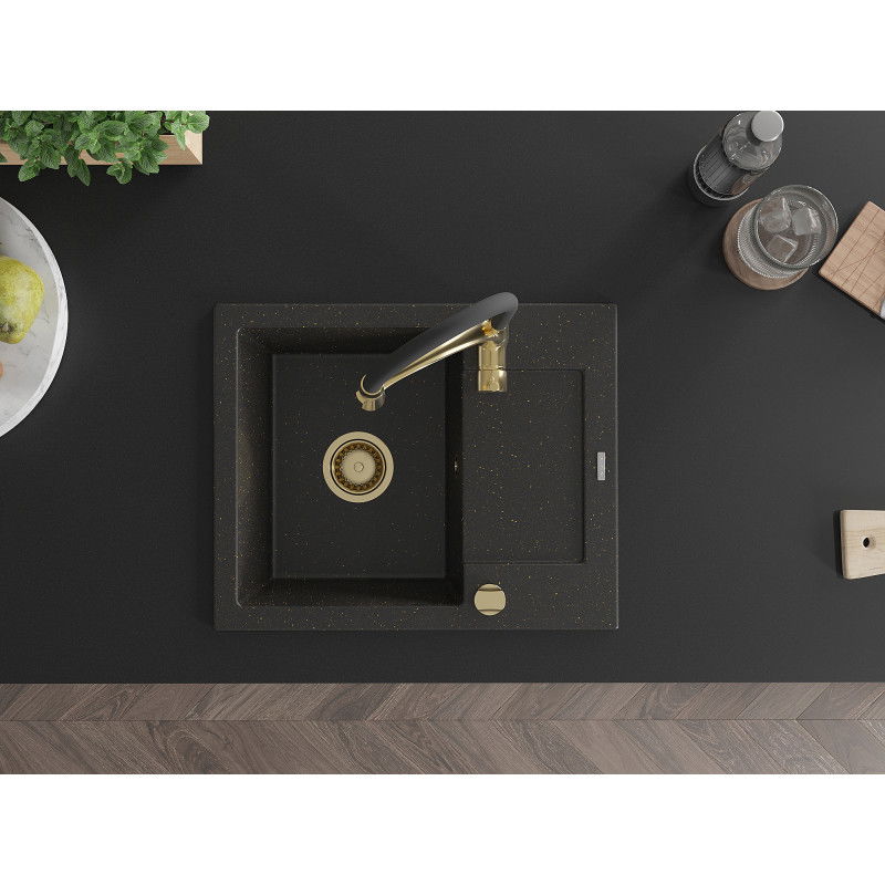 Mexen Enzo granite sink 1-bowl with drainer and Aster kitchen tap, black/gold metallic - 6506-75-73450-57-G