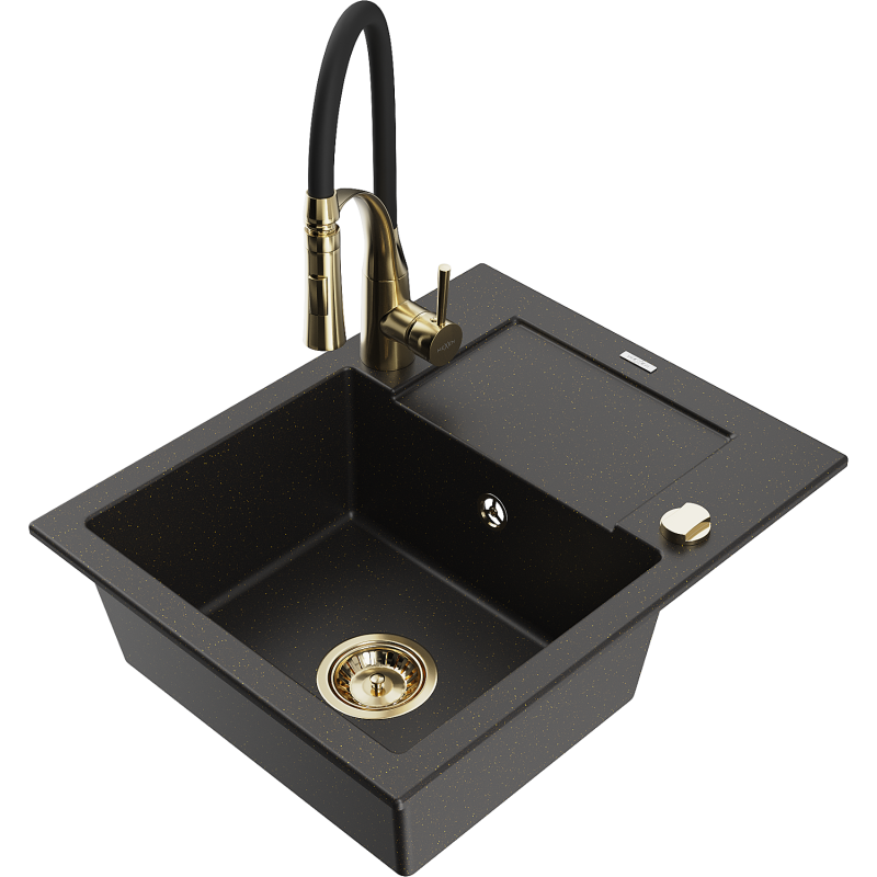 Mexen Enzo 1-compartment granite sink with a drip tray and kitchen mixer tap Aster, Black/Gold metallic - 6506-75-73450-57-G