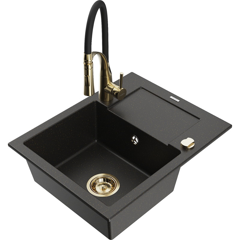 Mexen Enzo Granite Kitchen Sink 1-Bowl with Drainer and Aster Kitchen Faucet, Black/Gold Metallic - 6506-75-73450-57-G