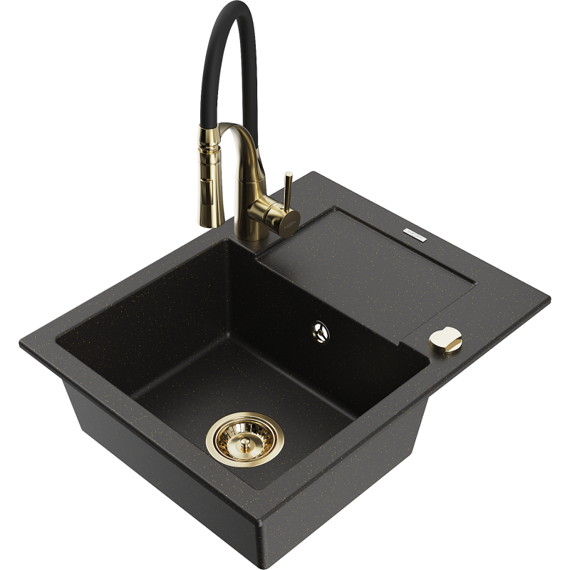 Mexen Enzo granite sink 1-bowl with drainer and Aster kitchen tap, black/gold metallic - 6506-75-73450-57-G
