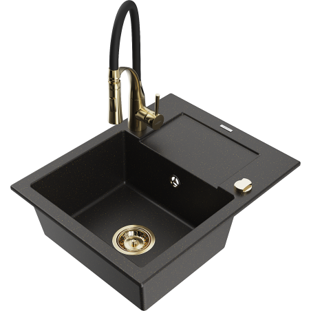 Mexen Enzo Granite Kitchen Sink 1-Bowl with Drainer and Aster Kitchen Faucet, Black/Gold Metallic - 6506-75-73450-57-G
