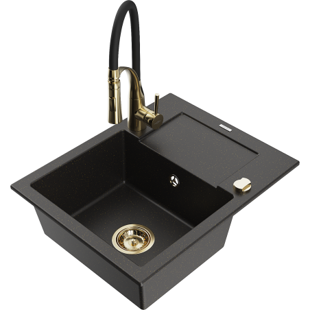 Mexen Enzo granite sink 1-bowl with drainer and Aster kitchen tap, black/gold metallic - 6506-75-73450-57-G