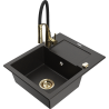 Mexen Enzo 1-bowl granite sink with drainer and Aster kitchen faucet, black/gold metallic - 6506-75-73450-57-G