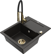 Mexen Enzo Granite Kitchen Sink 1-Bowl with Drainer and Aster Kitchen Faucet, Black/Gold Metallic - 6506-75-73450-57-G