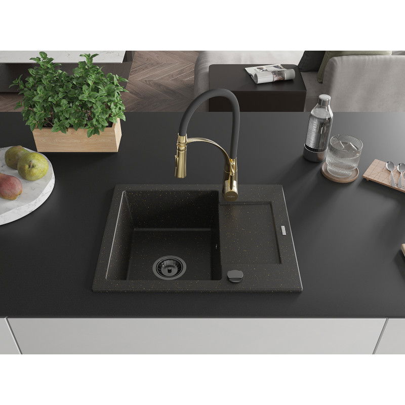 Mexen Enzo 1-bowl Granite Sink with Drainer and Aster Kitchen Tap, Black/Gold Metallic - 6506-75-73450-57-B