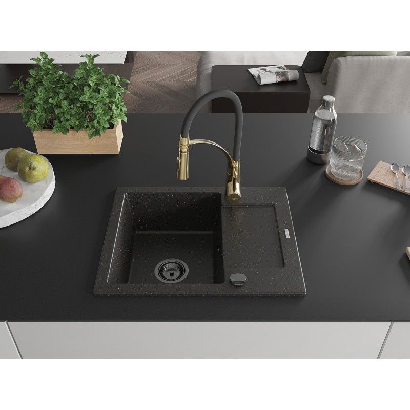 Mexen Enzo granite kitchen sink 1-bowl with drainer and Aster kitchen faucet, black/gold metallic - 6506-75-73450-57-B
