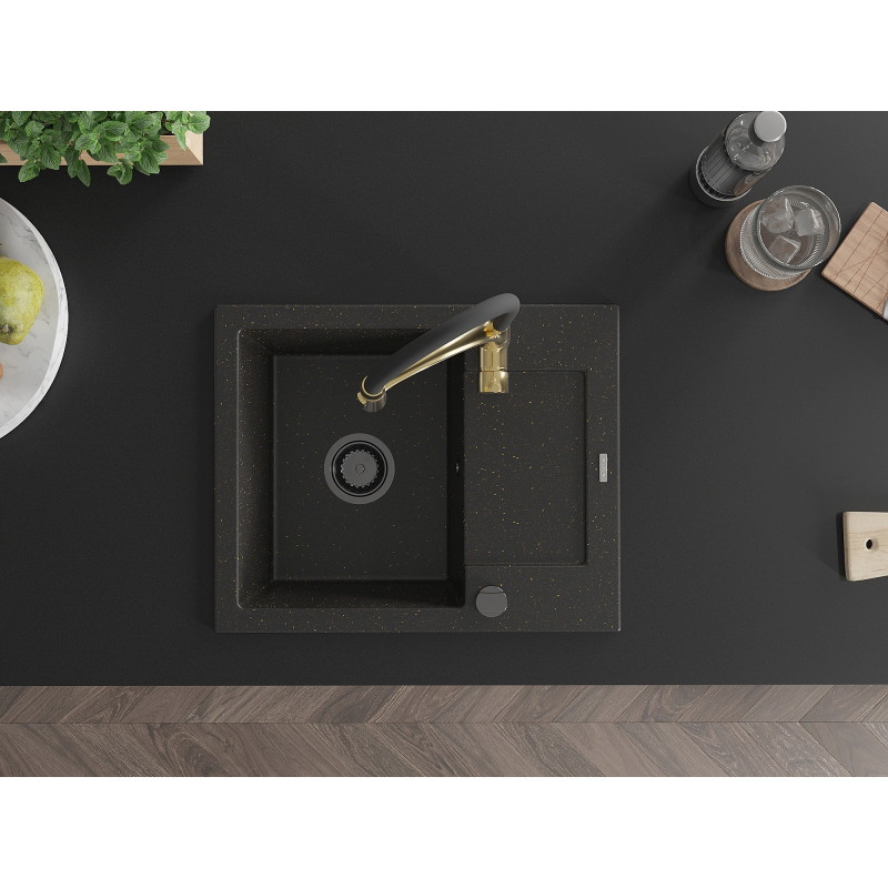 Mexen Enzo granite kitchen sink 1-bowl with drainer and Aster kitchen faucet, black/gold metallic - 6506-75-73450-57-B