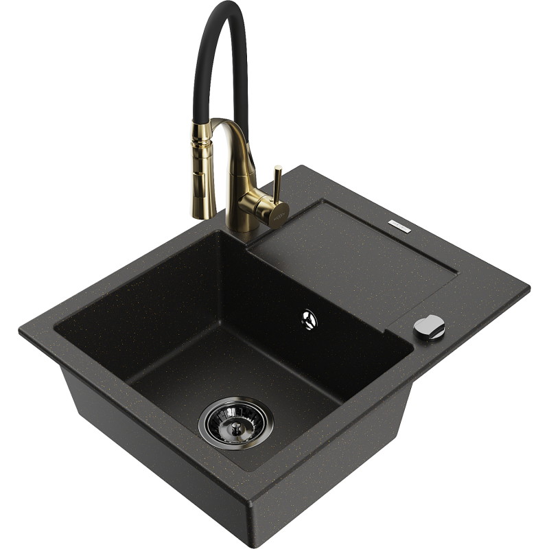 Mexen Enzo 1-bowl granite sink with drainer and Aster kitchen faucet, black/gold metallic - 6506-75-73450-57-B