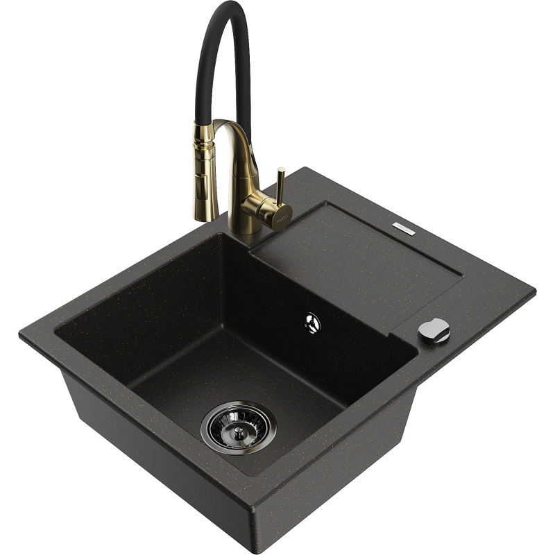 Mexen Enzo 1-bowl Granite Sink with Drainer and Aster Kitchen Tap, Black/Gold Metallic - 6506-75-73450-57-B