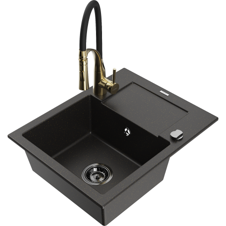 Mexen Enzo 1-bowl Granite Sink with Drainer and Aster Kitchen Tap, Black/Gold Metallic - 6506-75-73450-57-B