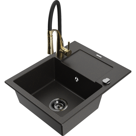 Mexen Enzo granite kitchen sink 1-bowl with drainer and Aster kitchen faucet, black/gold metallic - 6506-75-73450-57-B