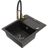 Mexen Enzo 1-bowl granite sink with drainer and Aster kitchen faucet, black/gold metallic - 6506-75-73450-57-B