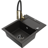 Mexen Enzo granite kitchen sink 1-bowl with drainer and Aster kitchen faucet, black/gold metallic - 6506-75-73450-57-B