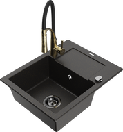 Mexen Enzo 1-bowl granite sink with drainer and Aster kitchen faucet, black/gold metallic - 6506-75-73450-57-B
