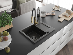 Mexen Enzo 1-compartment granite sink with a drip tray and kitchen mixer tap Aster, Black/Gold metallic - 6506-75-73450-57-B