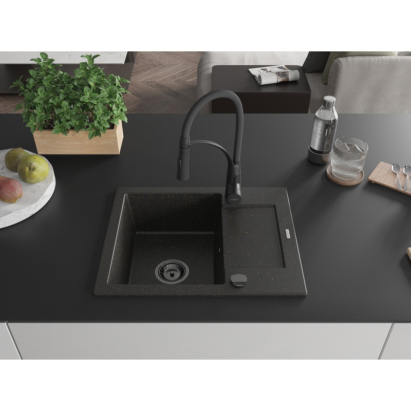 Mexen Enzo granite single-bowl sink with drainer and Aster kitchen faucet, black/gold metallic - 6506-75-73450-70-B