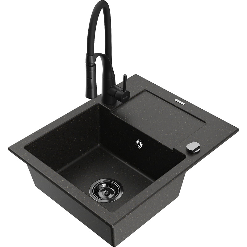 Mexen Enzo 1-bowl granite sink with drainer and Aster kitchen faucet, black/gold metallic - 6506-75-73450-70-B