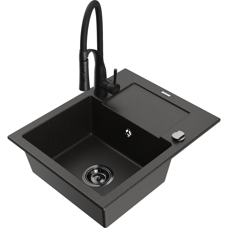 Mexen Enzo 1-compartment granite sink with a drip tray and kitchen mixer tap Aster, Black/Gold metallic - 6506-75-73450-70-B