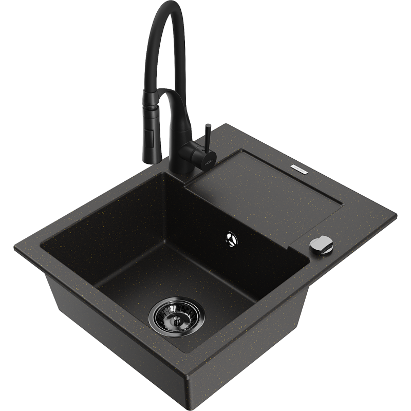 Mexen Enzo granite sink 1-bowl with drainer and Aster kitchen tap, black/golden metallic - 6506-75-73450-70-B