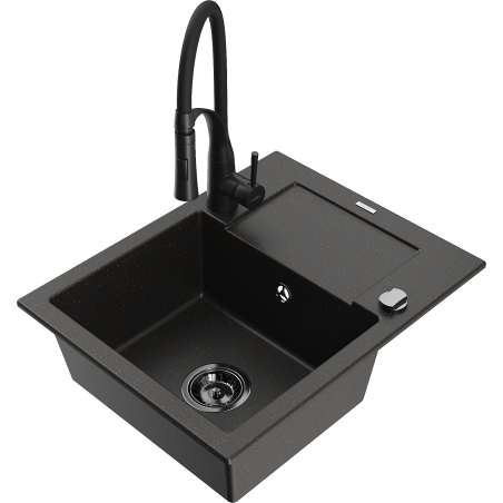 Mexen Enzo granite single-bowl sink with drainer and Aster kitchen faucet, black/gold metallic - 6506-75-73450-70-B