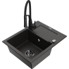 Mexen Enzo granite single-bowl sink with drainer and Aster kitchen faucet, black/gold metallic - 6506-75-73450-70-B