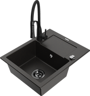 Mexen Enzo granite single-bowl sink with drainer and Aster kitchen faucet, black/gold metallic - 6506-75-73450-70-B