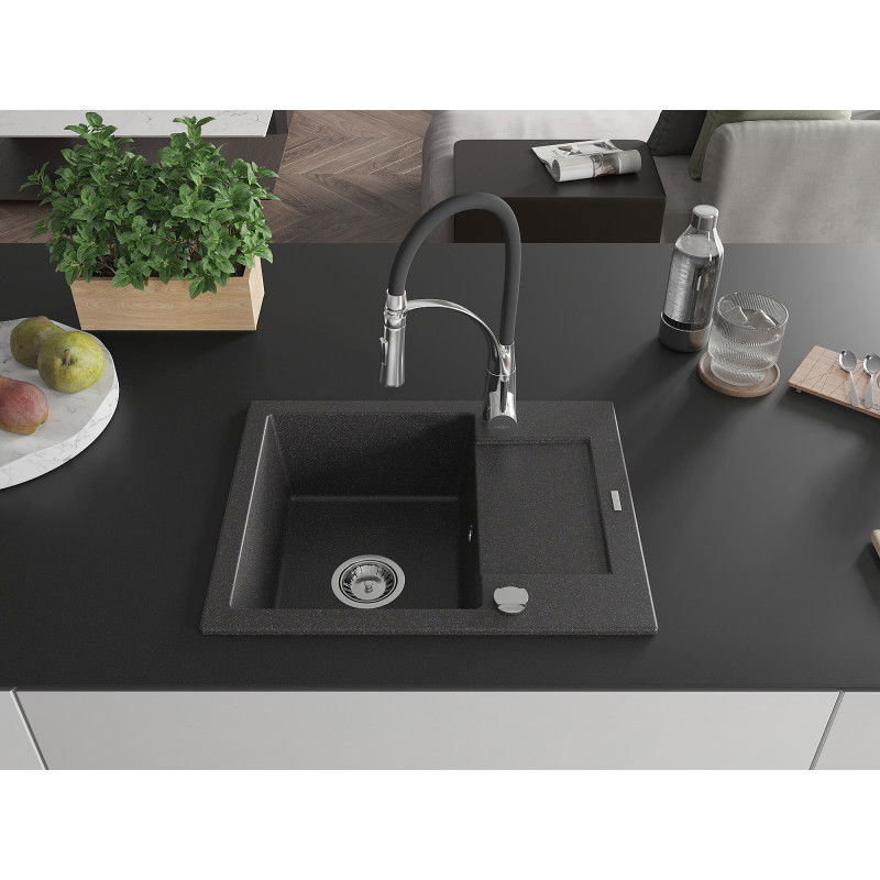 Mexen Enzo granite kitchen sink 1-bowl with drainer and Aster kitchen tap, black speckled - 6506-76-73450-07