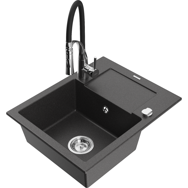 Mexen Enzo 1-compartment granite sink with a drip tray and kitchen mixer tap Aster, spotted black - 6506-76-73450-07