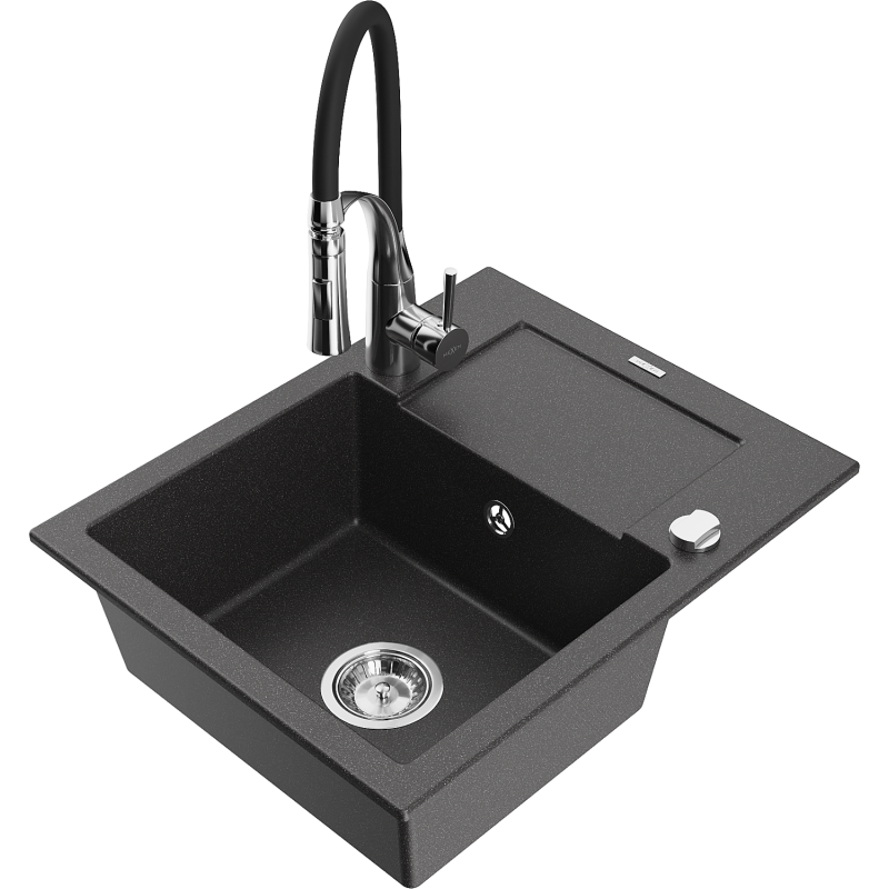 Mexen Enzo granite kitchen sink 1-bowl with drainer and Aster kitchen tap, black speckled - 6506-76-73450-07
