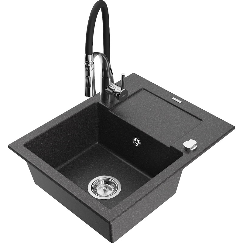 Mexen Enzo granite sink 1-bowl with drainer and kitchen faucet Aster, black speckled - 6506-76-73450-07