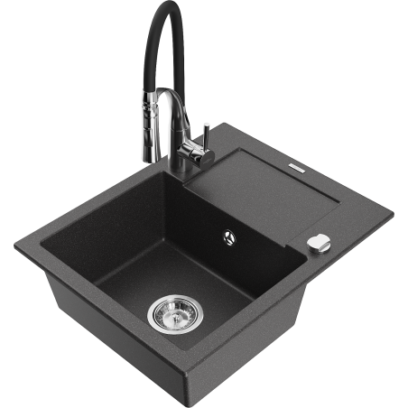 Mexen Enzo 1-compartment granite sink with a drip tray and kitchen mixer tap Aster, spotted black - 6506-76-73450-07