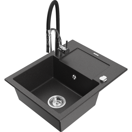 Mexen Enzo granite kitchen sink 1-bowl with drainer and Aster kitchen tap, black speckled - 6506-76-73450-07