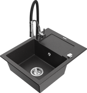 Mexen Enzo 1-compartment granite sink with a drip tray and kitchen mixer tap Aster, spotted black - 6506-76-73450-07