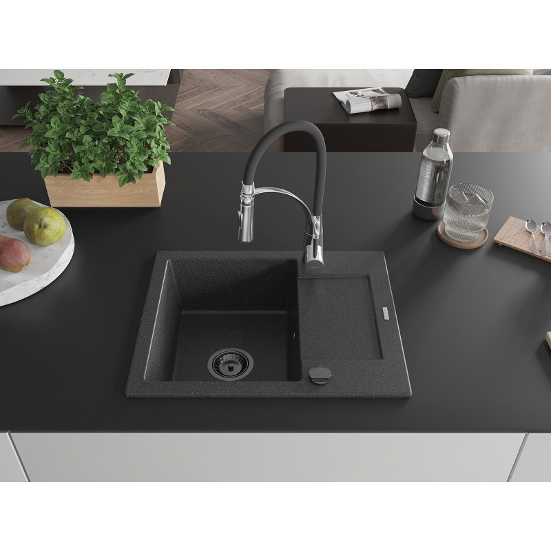 Mexen Enzo granite sink 1-bowl with drainer and Aster kitchen faucet, black speckled - 6506-76-73450-07-B