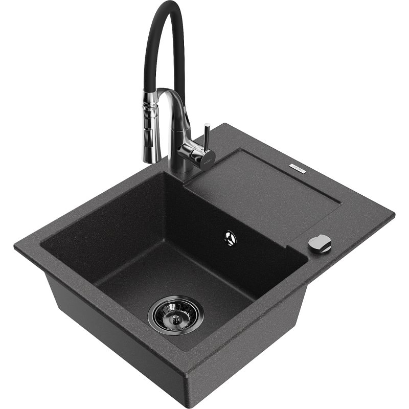 Mexen Enzo 1-compartment granite sink with a drip tray and kitchen mixer tap Aster, spotted black - 6506-76-73450-07-B